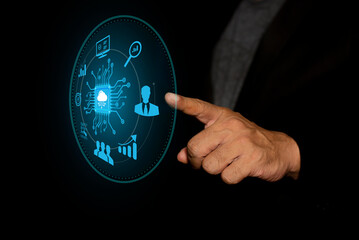Man hand using AI chip cloud computing technology concept on virtual screen. Semiconductor or CPU processor. Artificial intelligence concept. Cloud computing network with internet. Big data.