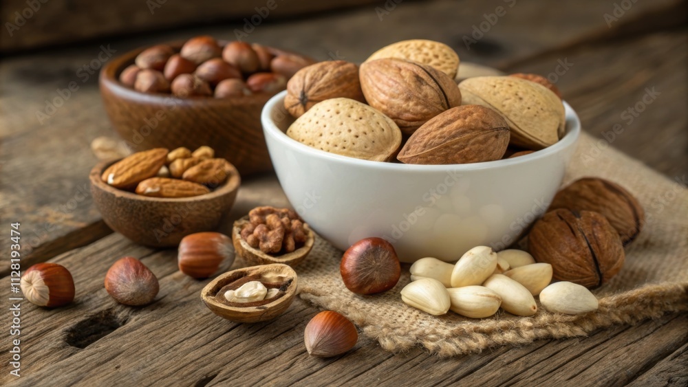Poster an elegant arrangement of whole delicate nuts in various shades of brown some still with their thin 
