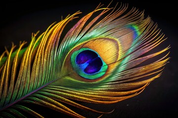 Obraz premium Low Light Peacock Feather Photography - Black Background, Colorful Bird Feather, Macro Shot, Dark Background, Night Photography, Feathery Details