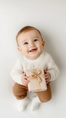 Joyful baby holding a beautifully wrapped gift with a big smile