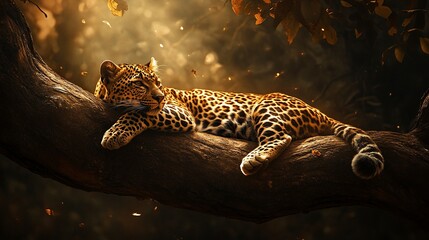 Fototapeta premium Sri Lankan leopard, Panthera pardus kotiya, a large spotted cat lying on a tree in its natural habitat.