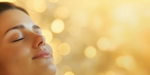 Fototapeta premium This beautiful portrait features a serene woman with closed eyes, basking in soft golden light, representing tranquility, self-care, and inner peace in a dreamlike atmosphere of beauty.