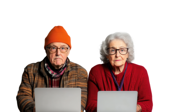 PNG elderly couple using laptops - Powered by Adobe