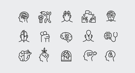 Mental Health Icon Set. A collection of 15 icons related to emotional well-being and psychological health, including themes such as therapy, stress, addiction, mindfulness. Vector illustrations