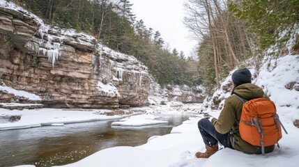 Winter Hiker Resting By Frozen River And Cliffs
