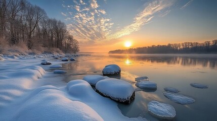 Winter Sunset Over Frozen River With Snow Covered Rocks