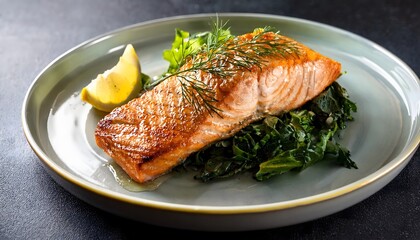 Golden-baked salmon fillet with lemon glaze, served on a bed of greens and sprinkled with herbs