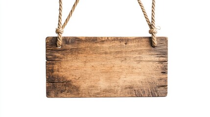 Wooden sign hanging on rope isolated against white background