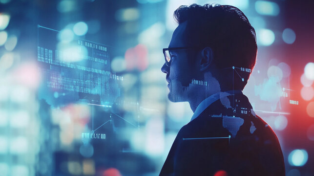 Profile view of a focused businessman in a suit contemplating digital data and futuristic technology in an urban office environment at night