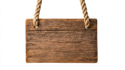 Wooden sign hanging on rope isolated against white background