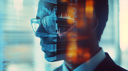 Professional Businessman Reflecting on Data Trends with Digital Graphs and Analytics Overlay in Modern Office Environment