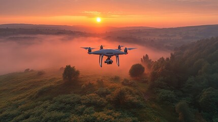 Captivating aerial view of a drone soaring over a misty landscape at sunset revealing nature's vibrant hues and tranquility