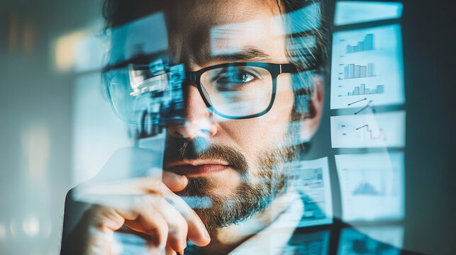 Professional Male Analyst Reflecting on Data Insights with Transparent Digital Graphs in Modern Office Environment - Powered by Adobe