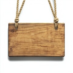Wooden sign hanging on rope isolated against white background