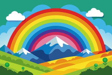 Rainbow over a mountain range after rain isolated vector illustration