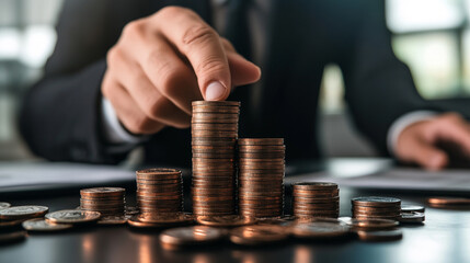 Businessman in suit stacking coins on table showing growth, finance strategy, wealth accumulation, financial planning, and investment success in modern office setting