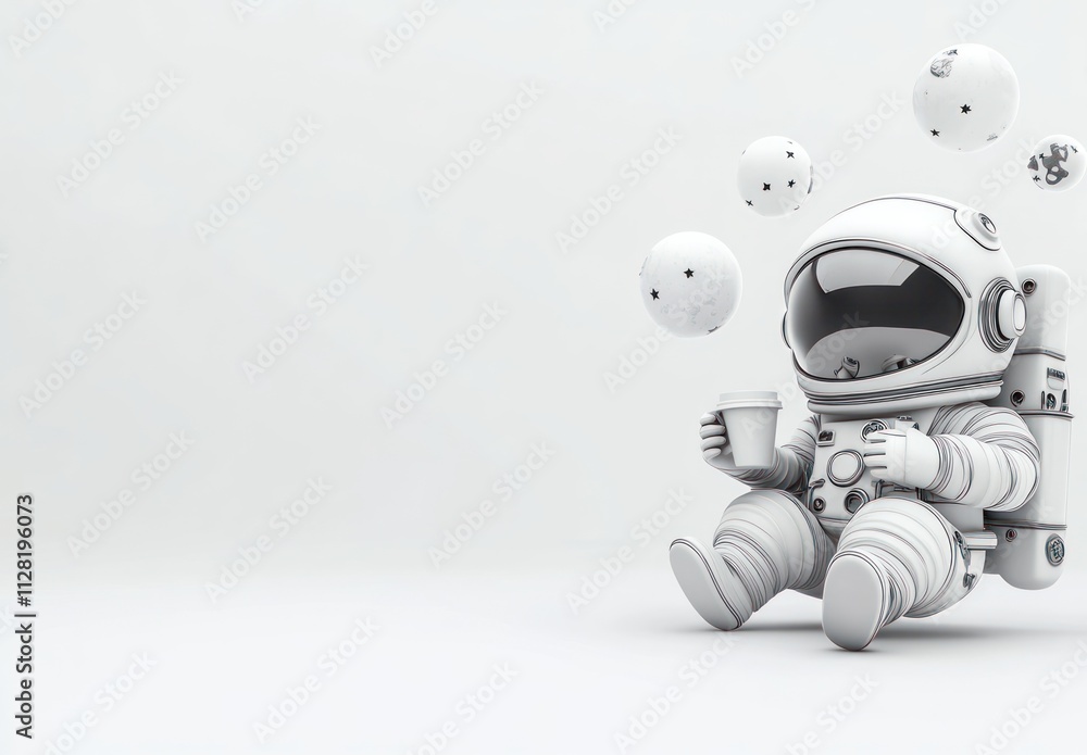 Poster a cute astronaut sits with a drink, surrounded by floating spheres in a minimalist setting.