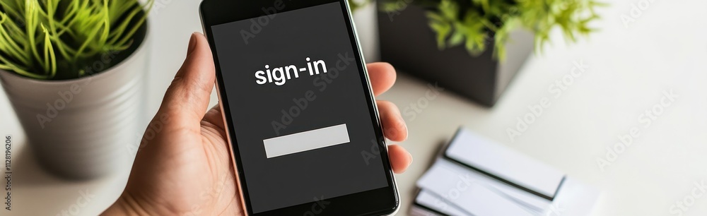 Poster a hand holding a smartphone displaying a sign-in screen with potted plants in the background.