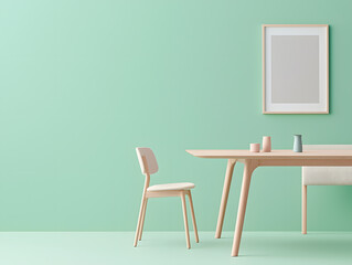 Modern minimalist dining room with wooden furniture light green walls interior design contemporary style wide angle aesthetic appeal