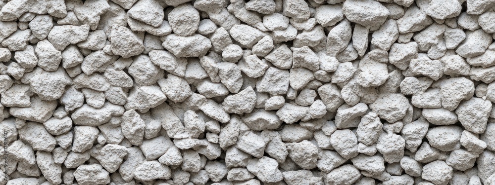 Poster a close-up view of light-colored gravel or aggregate, showcasing natural texture and variation.