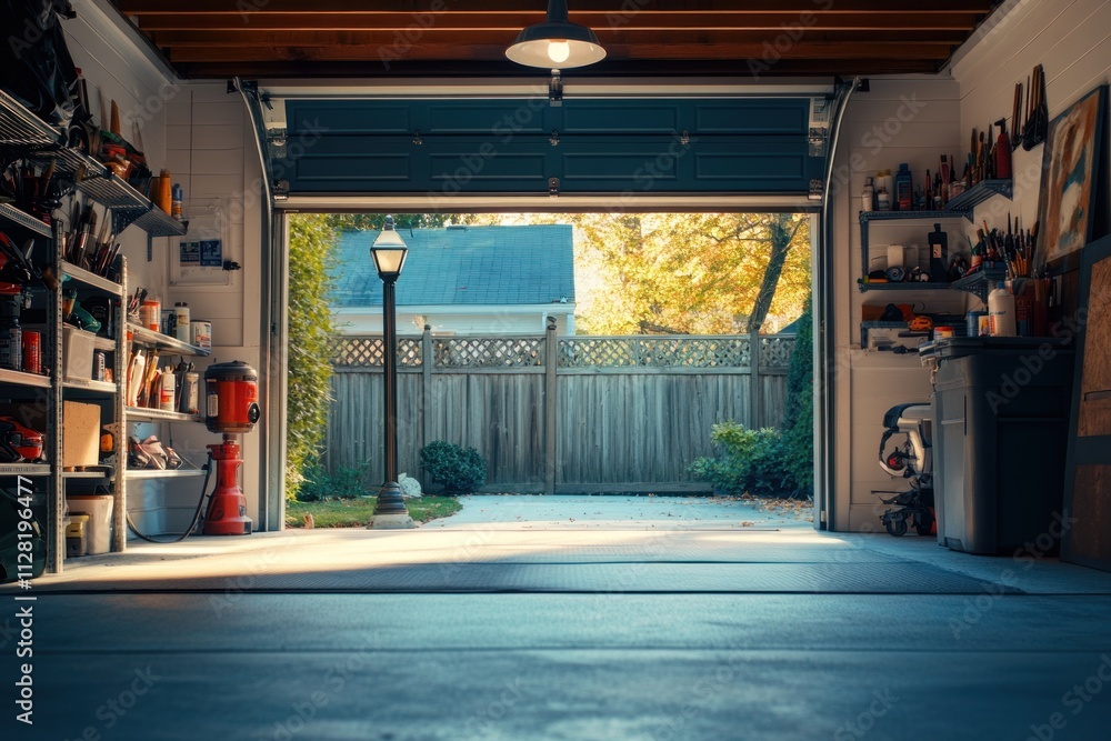 Poster a spacious garage with tools and a view of a backyard through an open door.