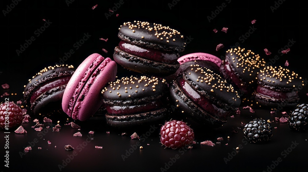 Poster delightful macarons featuring rich dark chocolate and vibrant pink elements create a stunning desser