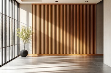 Modern interior featuring wooden wall slats and a potted plant in a sunlit space.
