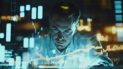 Focused professional analyzing complex financial data on digital interface with projected graphs and charts in a modern office environment