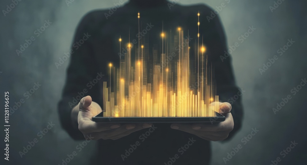 Poster A person holds a tablet displaying glowing vertical bars, symbolizing data or technology.