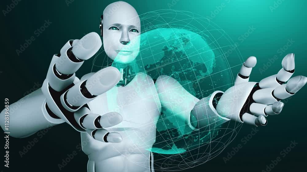 Poster ai hominoid robot holding hologram screen shows concept of global communication network using artifi