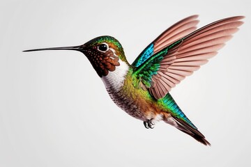 Fototapeta premium A vibrant hummingbird in flight against a white background.