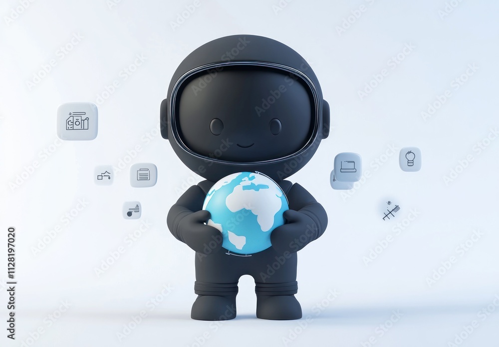 Poster a cute black astronaut character holding a globe, surrounded by icons representing various concepts.