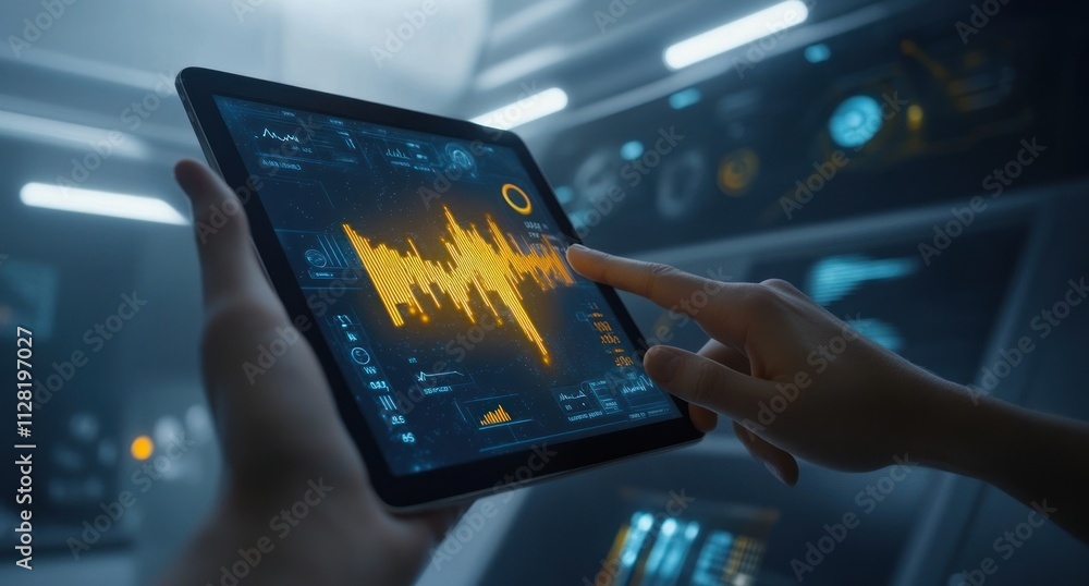 Aufkleber A hand interacts with a tablet displaying data visualization and analytics.