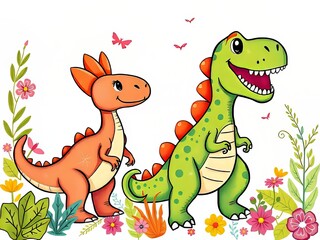 Naklejka premium Colorful Dino Nursery Decor - Doodle Style Fantasy Raptors & T-Rex