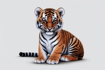 Naklejka premium Adorable tiger cub sitting on light gray background.