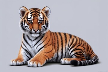 Naklejka premium Adorable tiger cub sitting on gray background.