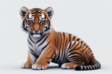 Obraz premium Adorable tiger cub sitting on white background.