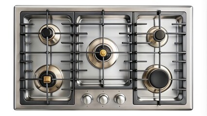 Modern Gas Stove Top View, Isolated White Background, Kitchen Appliance, Cooktop, Burner, Aerial Photography