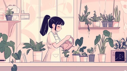 Female character watering plants in a pastel-colored indoor garden.