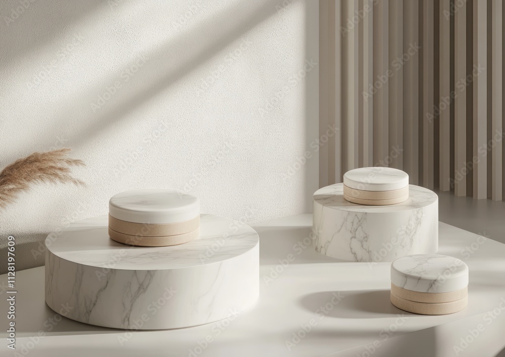 Poster minimalist display featuring marble and wooden elements in a serene, well-lit setting.