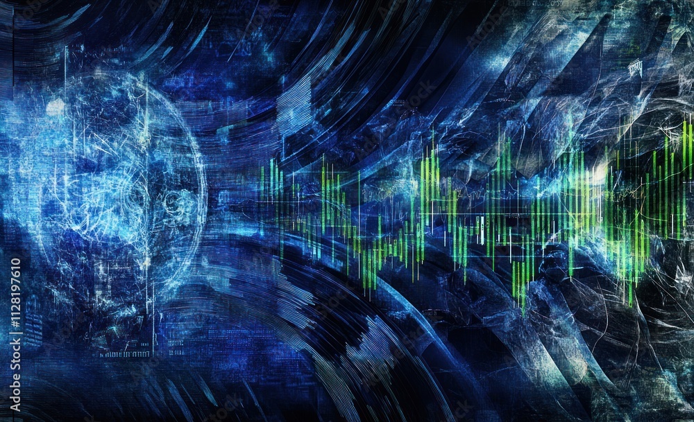 Poster abstract digital art depicting sound waves and a celestial sphere in a futuristic design.