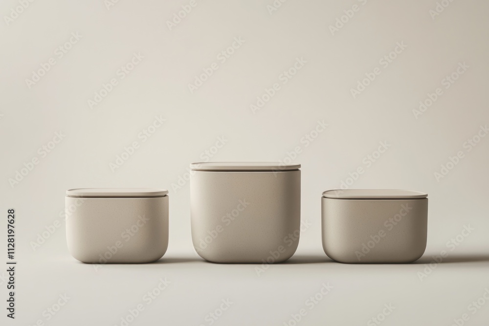 Aufkleber three minimalist storage containers in neutral tones arranged on a soft background.