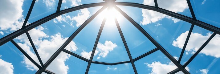 A breathtaking view of a glass dome structure framed by a vivid blue sky, showcasing architectural beauty and the interplay of light and shadows in a modern setting.