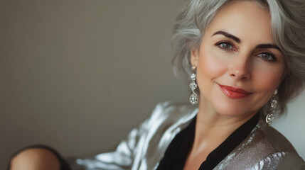 Beautiful beautiful physically fit senior model gray hair smiling stylish woman close up festive shirt earrings face makeup skincare fitness romance Valentines Day hearts love copy space background
