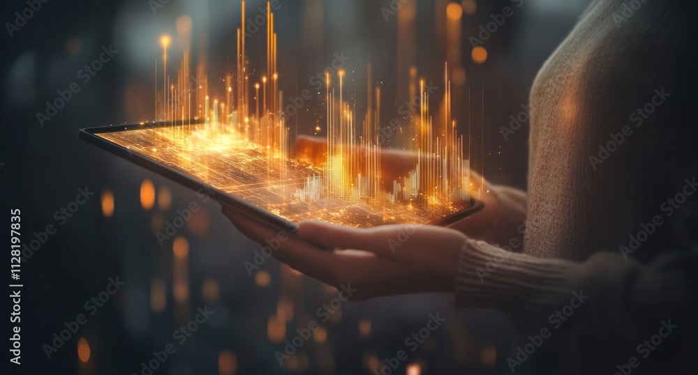 Poster A person holding a tablet displaying glowing data visualizations and digital effects.