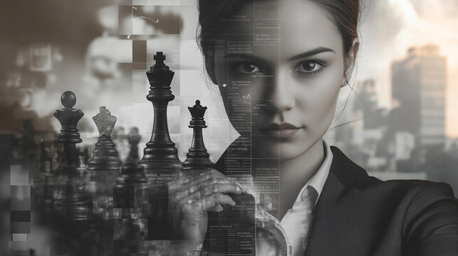 Elegant businesswoman contemplating chess strategy amid a modern urban backdrop with digital overlays representing competition and intelligence in the corporate world - Powered by Adobe