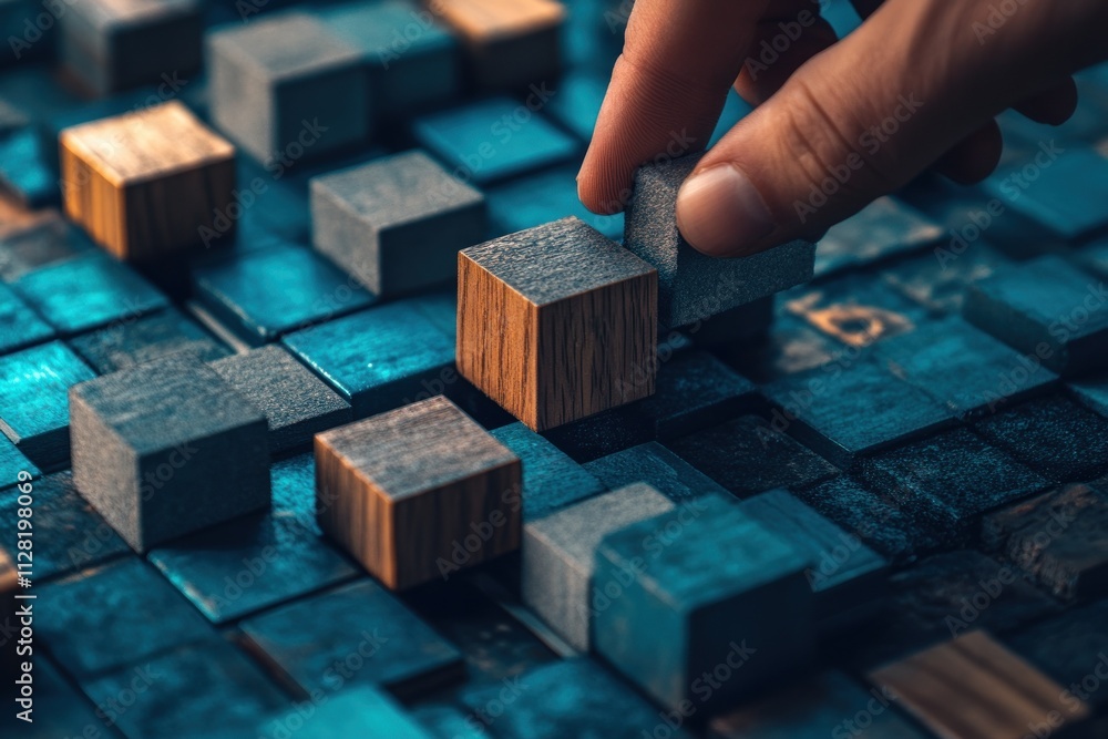 Poster a hand arranging wooden blocks on a textured surface, showcasing creativity and design.