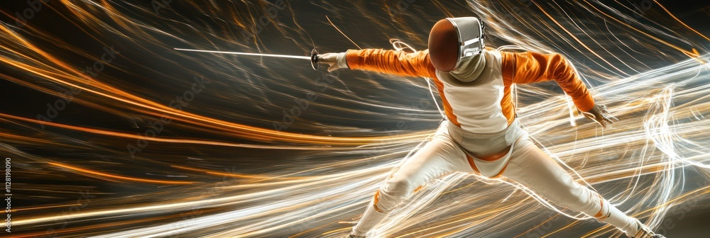 Poster a fencer in action, surrounded by dynamic light effects, showcasing agility and skill.
