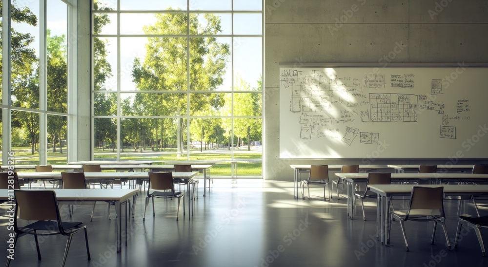 Aufkleber A modern classroom with large windows, desks, and a whiteboard, emphasizing a learning environment.