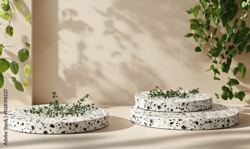 Aufkleber Three textured circular platforms with greenery, casting shadows against a soft background.